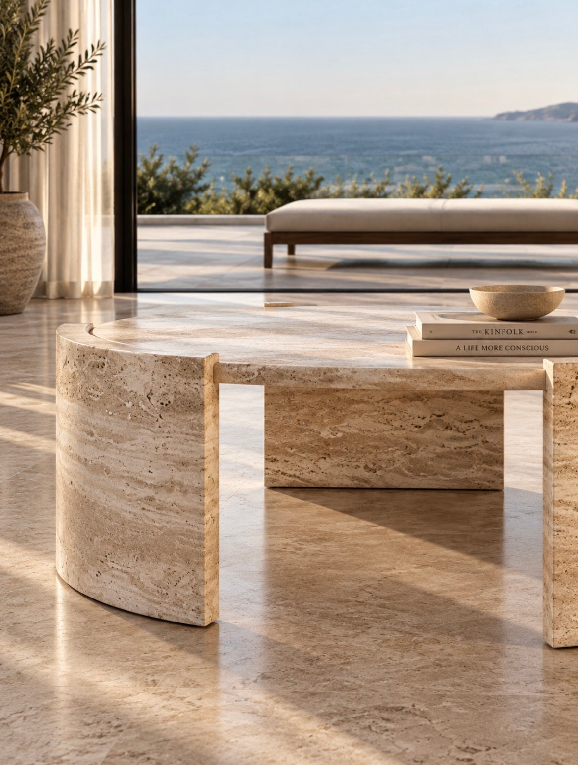 Cutout travertine coffee table