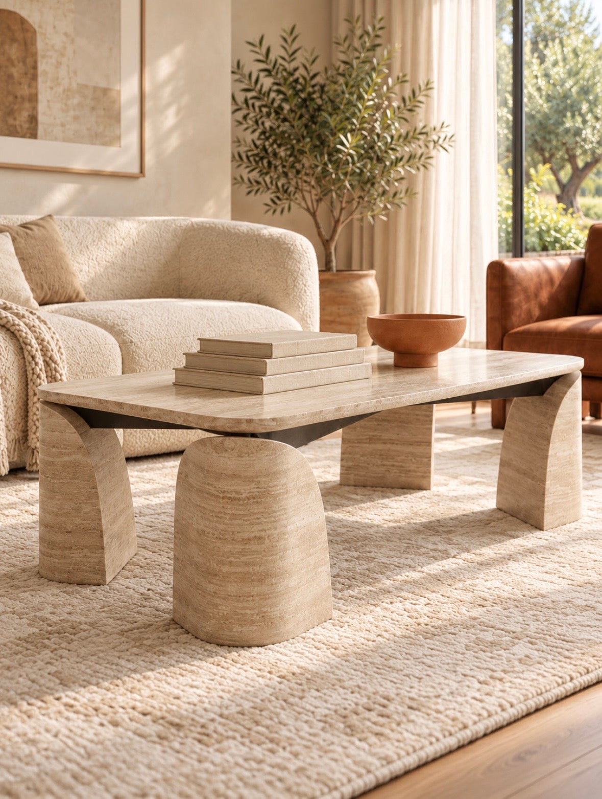 Block legs travertine coffee table