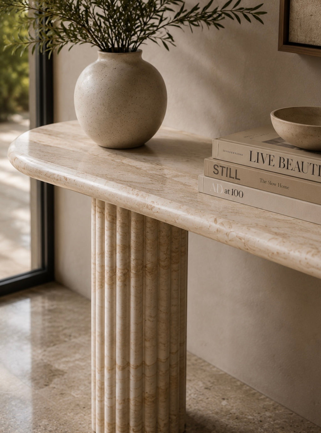 Fluted maria travertine console table