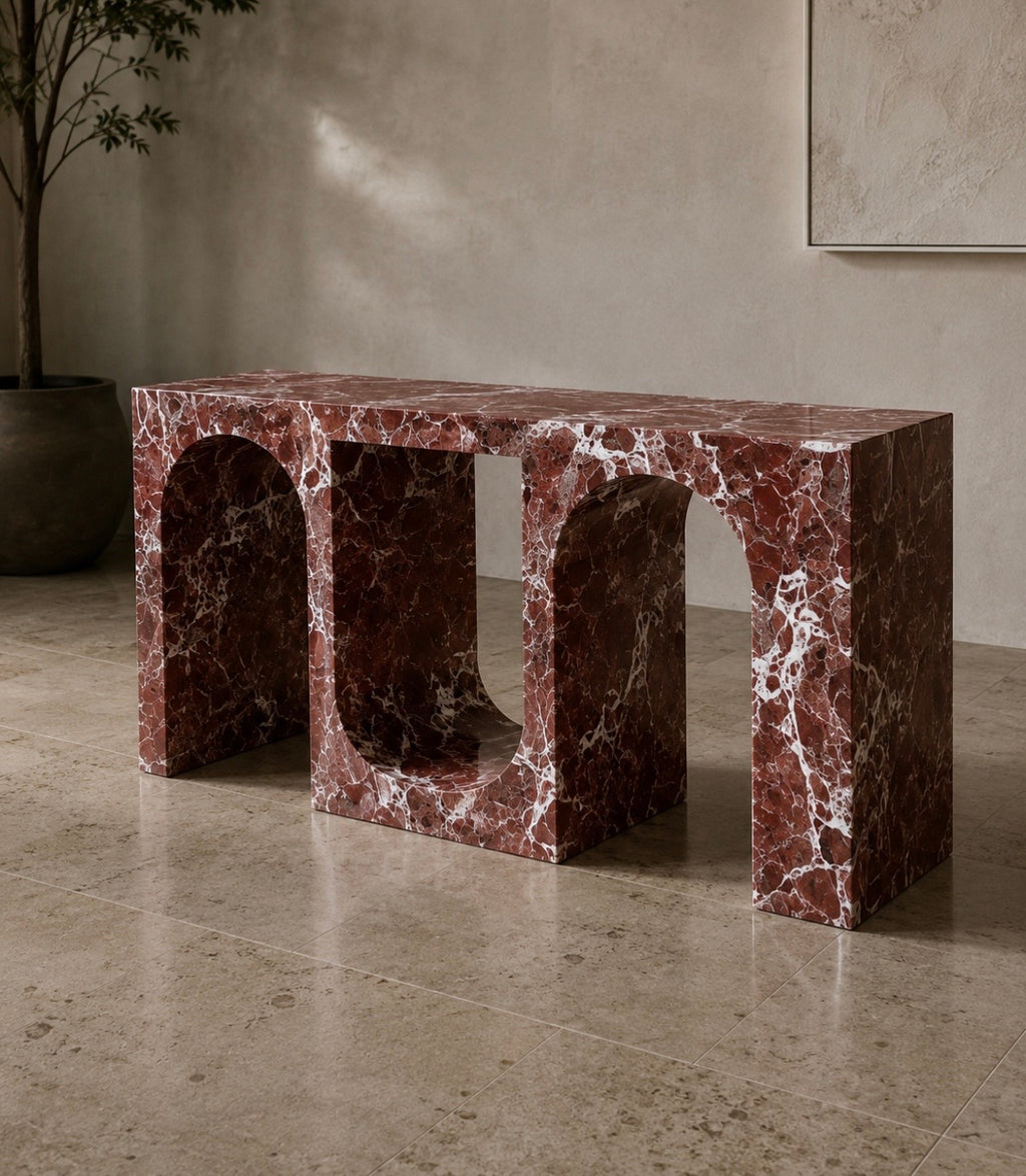 Rosso Levanto marble arch cutout console table
