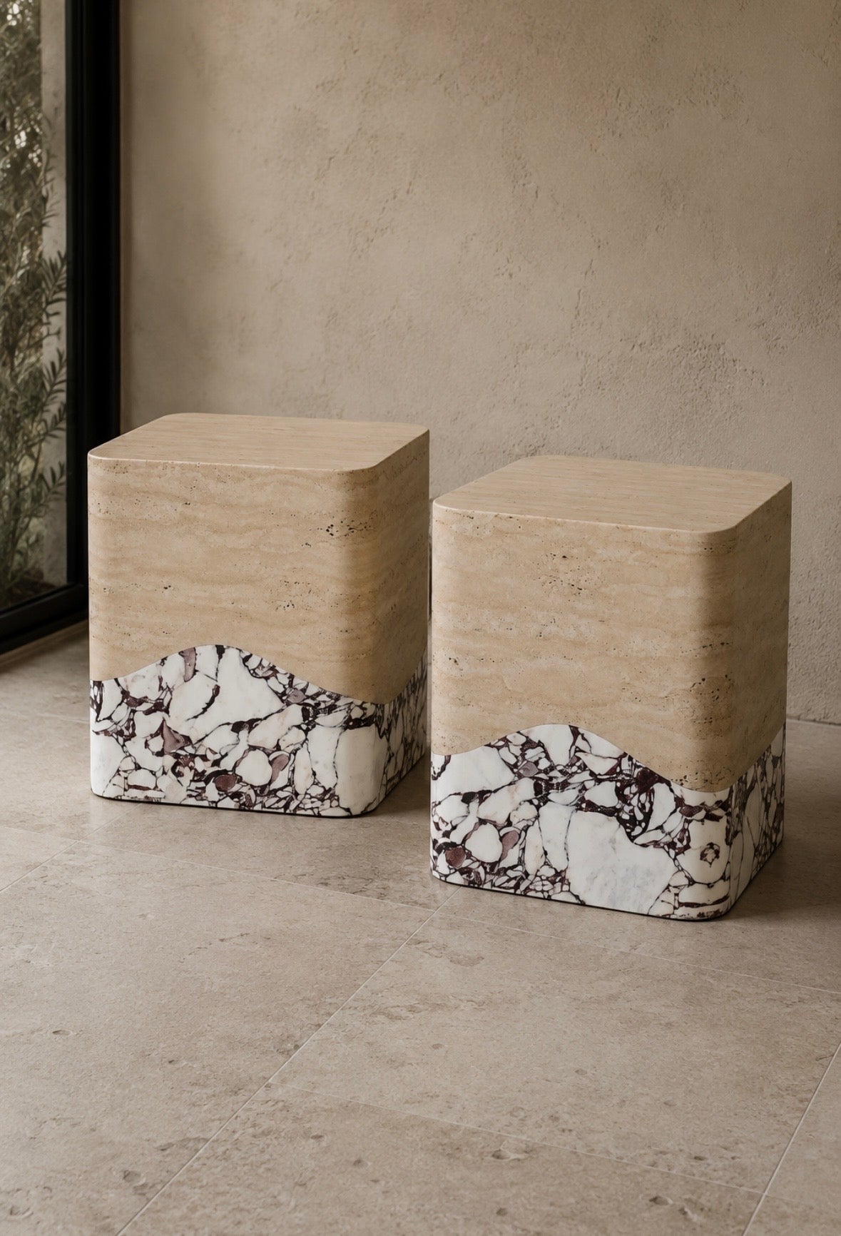 Double toned travertine viola side table