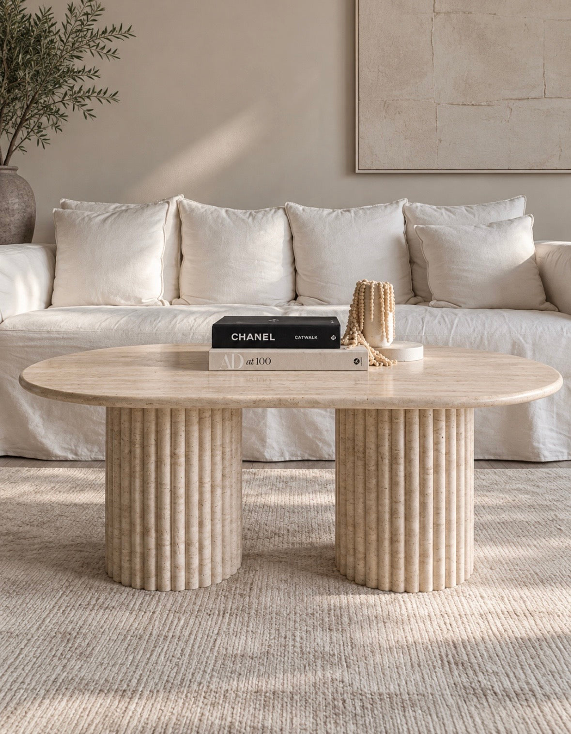 Travertine fluted coffee table