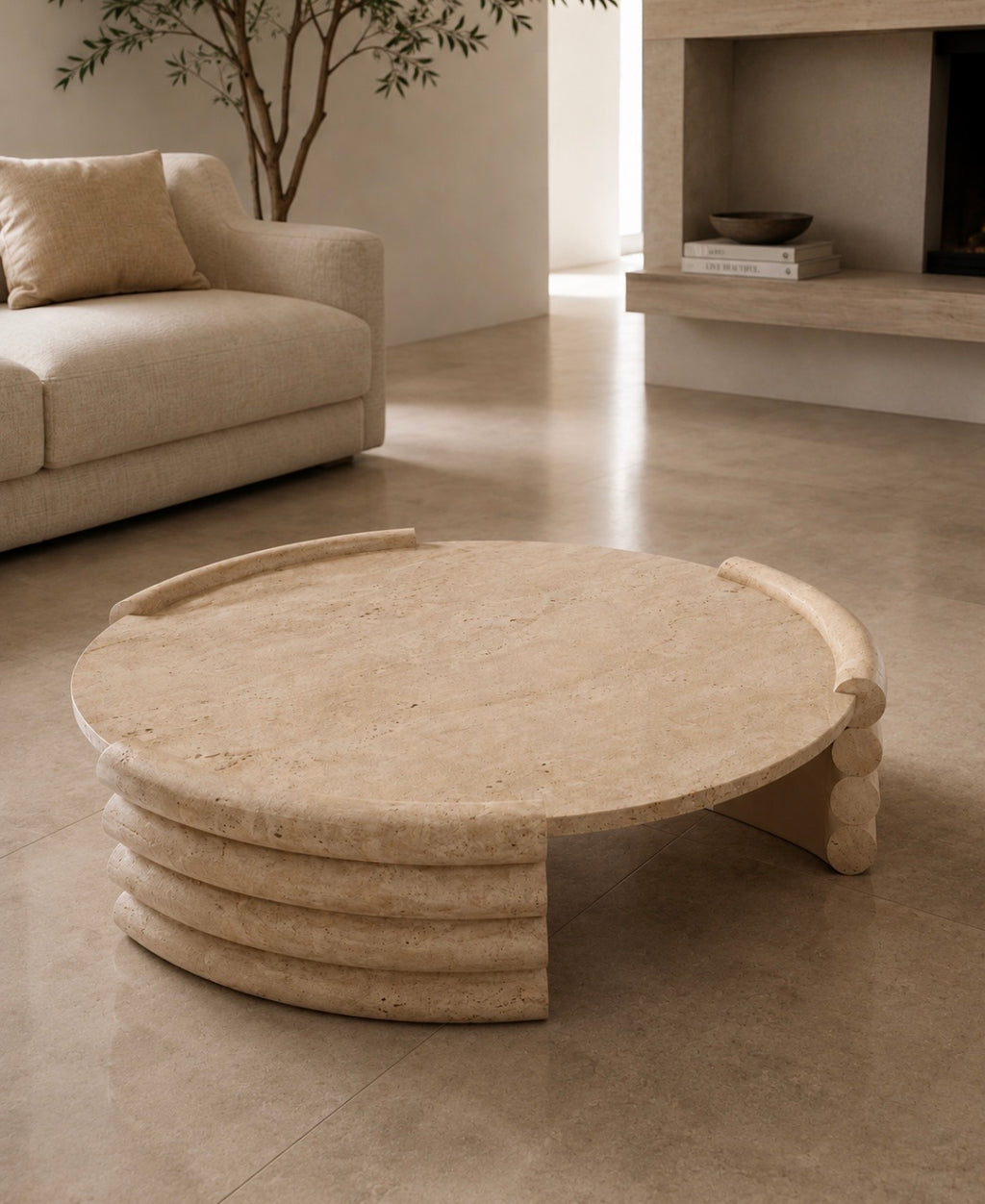 Travertine curved ripple coffee table
