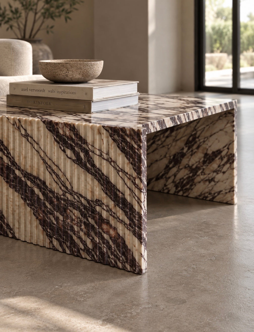 Fluted burgundy viola marble coffee table