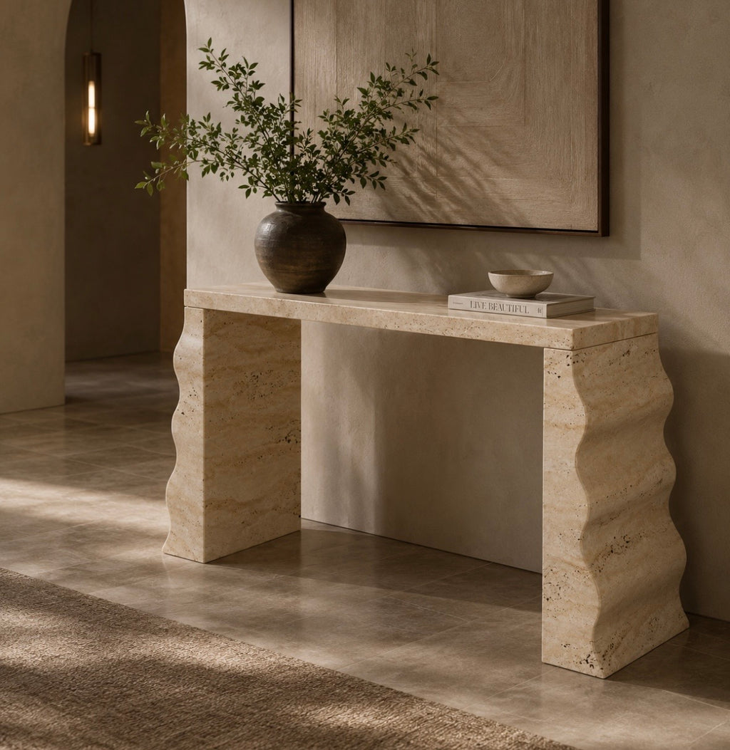 Pyramid travertine console table