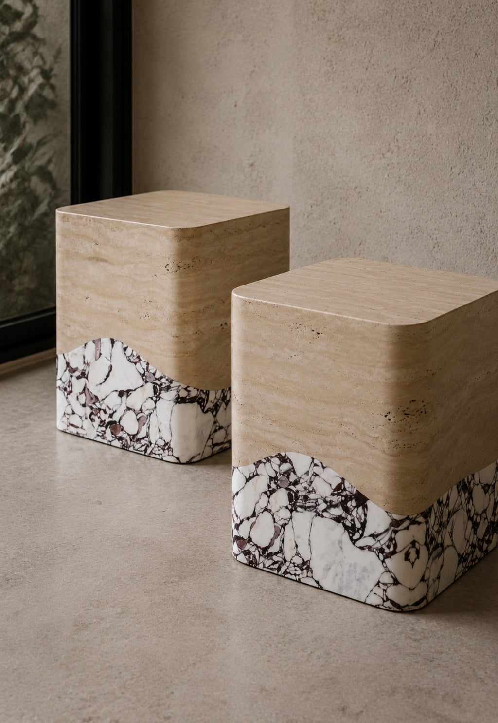 Double toned travertine viola side table