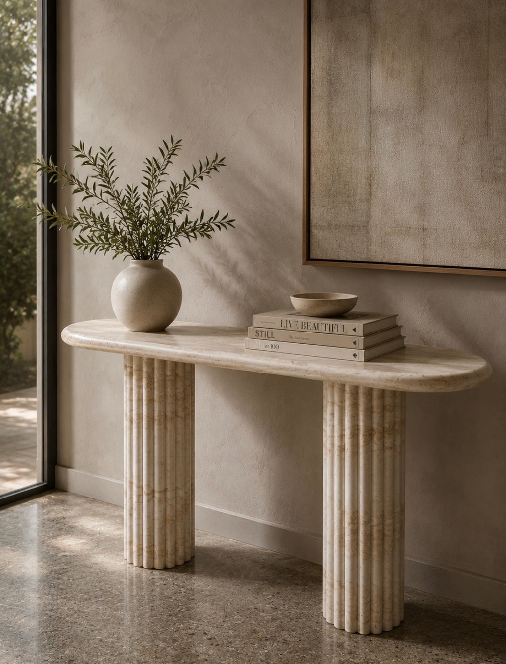 Fluted maria travertine console table
