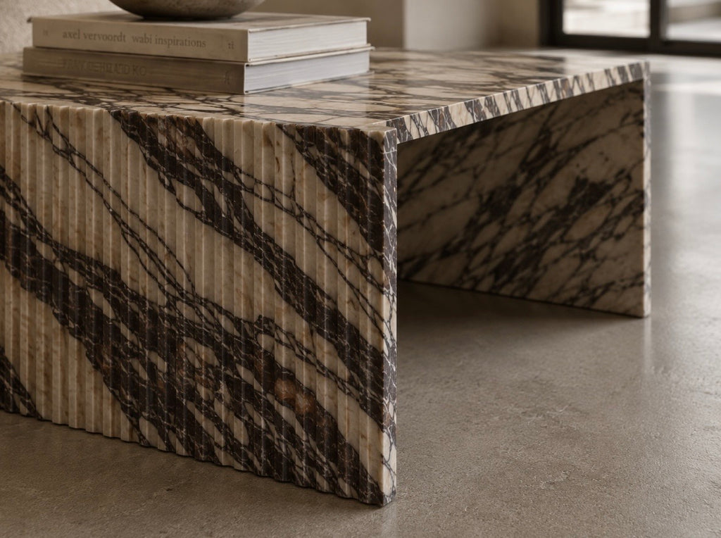 Fluted burgundy viola marble coffee table