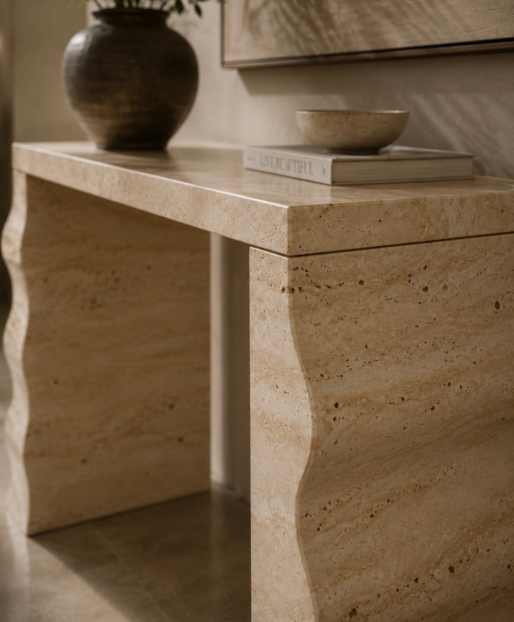 Pyramid travertine console table