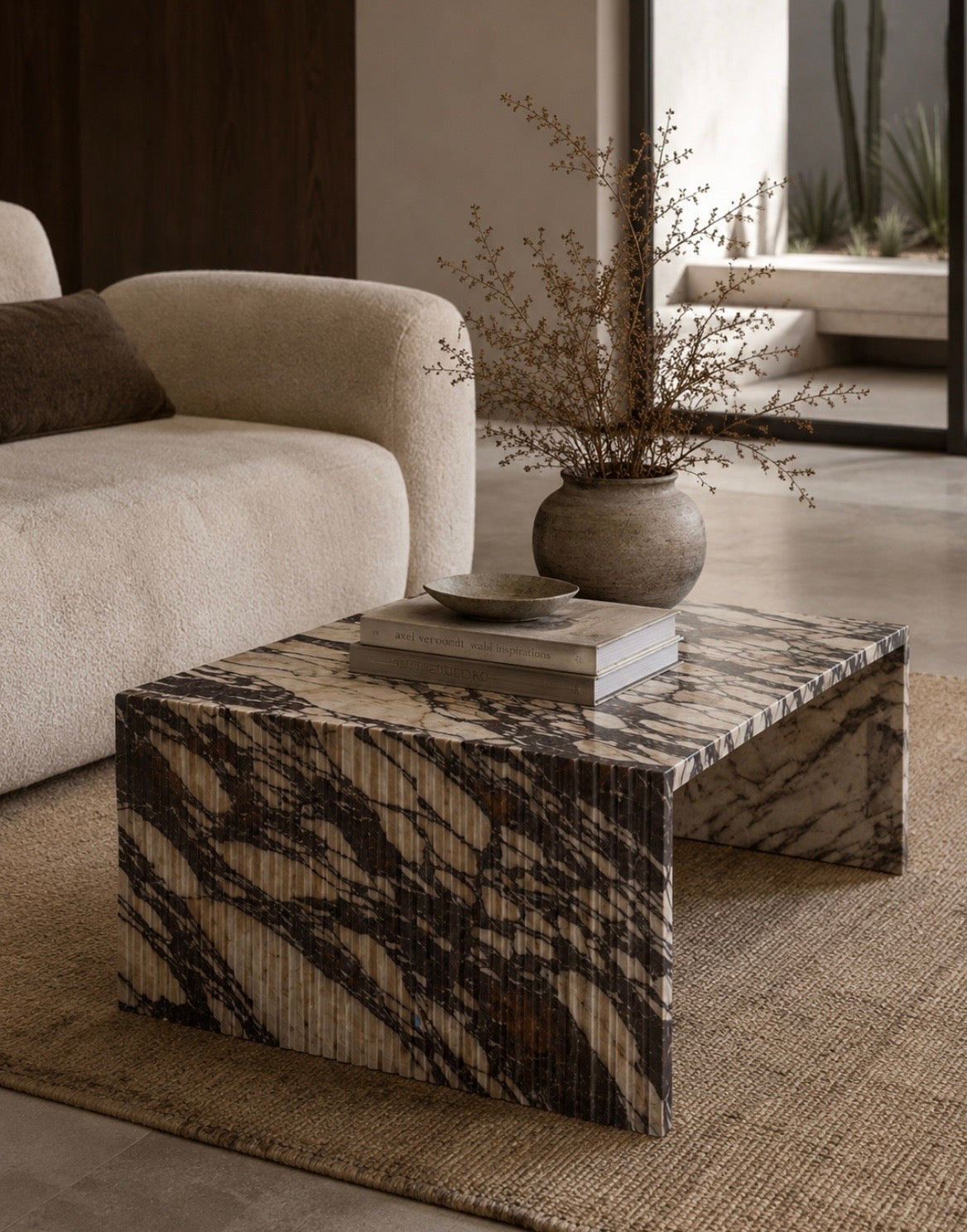 Fluted burgundy viola marble coffee table