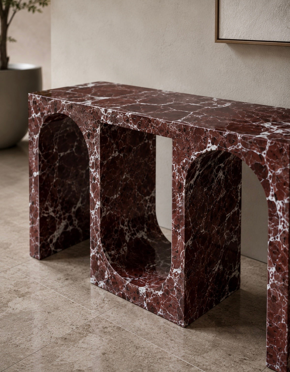 Rosso Levanto marble arch cutout console table