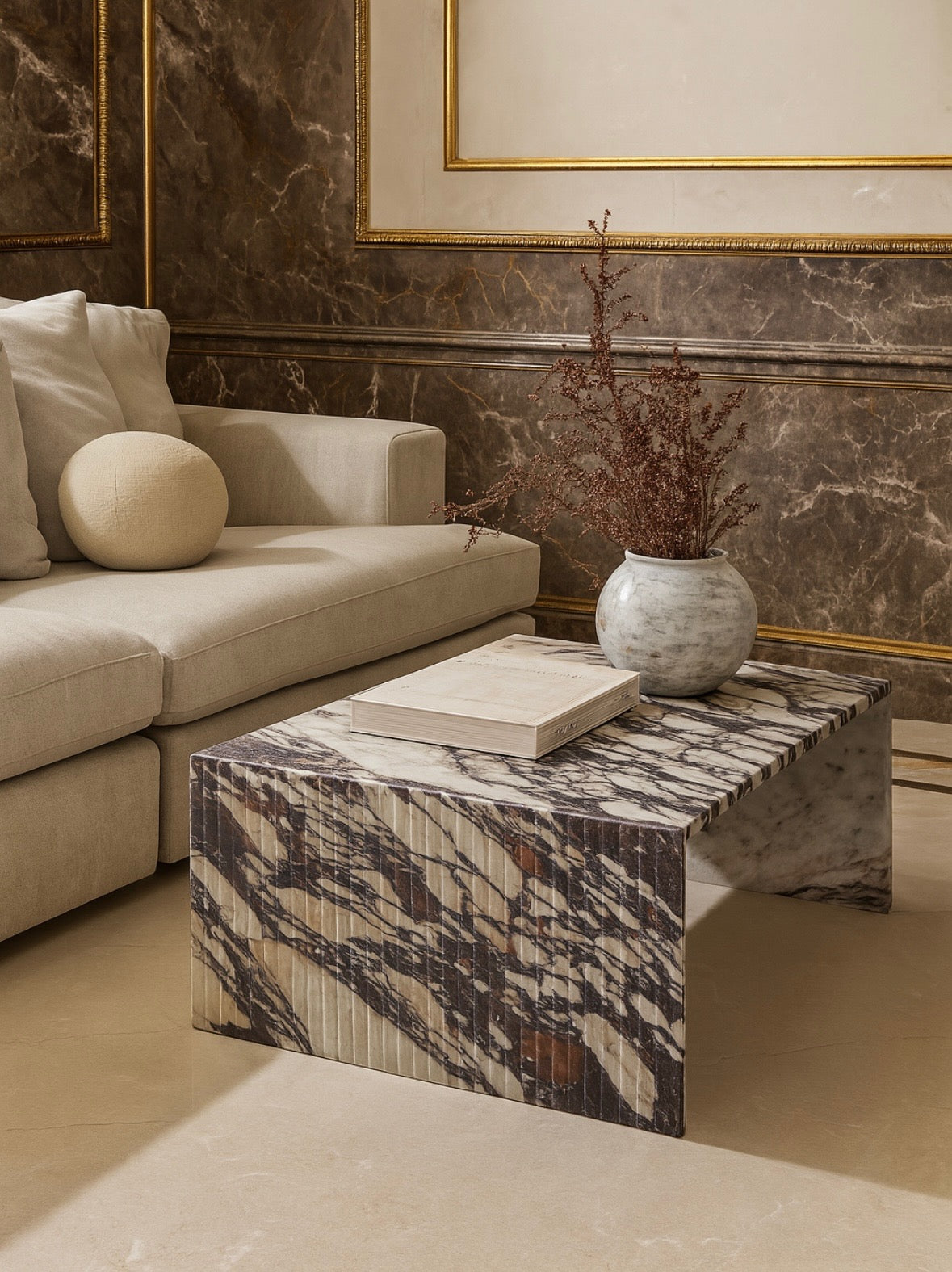 Fluted burgundy viola marble coffee table